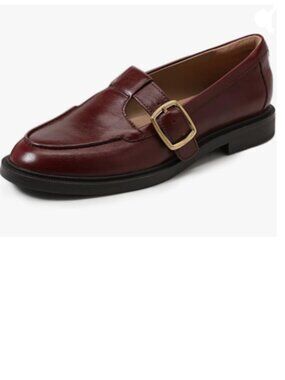 YDN Brown Low Heel Loafers Round Toe Chunky Heel Adjustable Buckled T-Strap Shoe